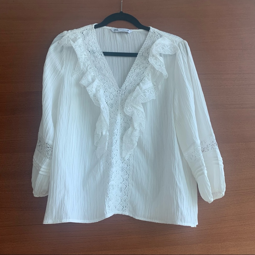 Zara Ruffle V Neck White Blouse Quarter Sleeve